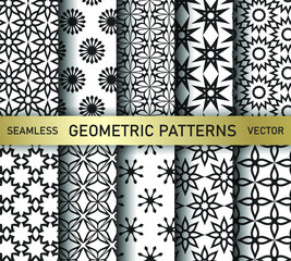 Set of seamless vector geometric patterns. Collection black and white abstract geometrical backgrounds for design, fabric, textile, wrapping etc.
