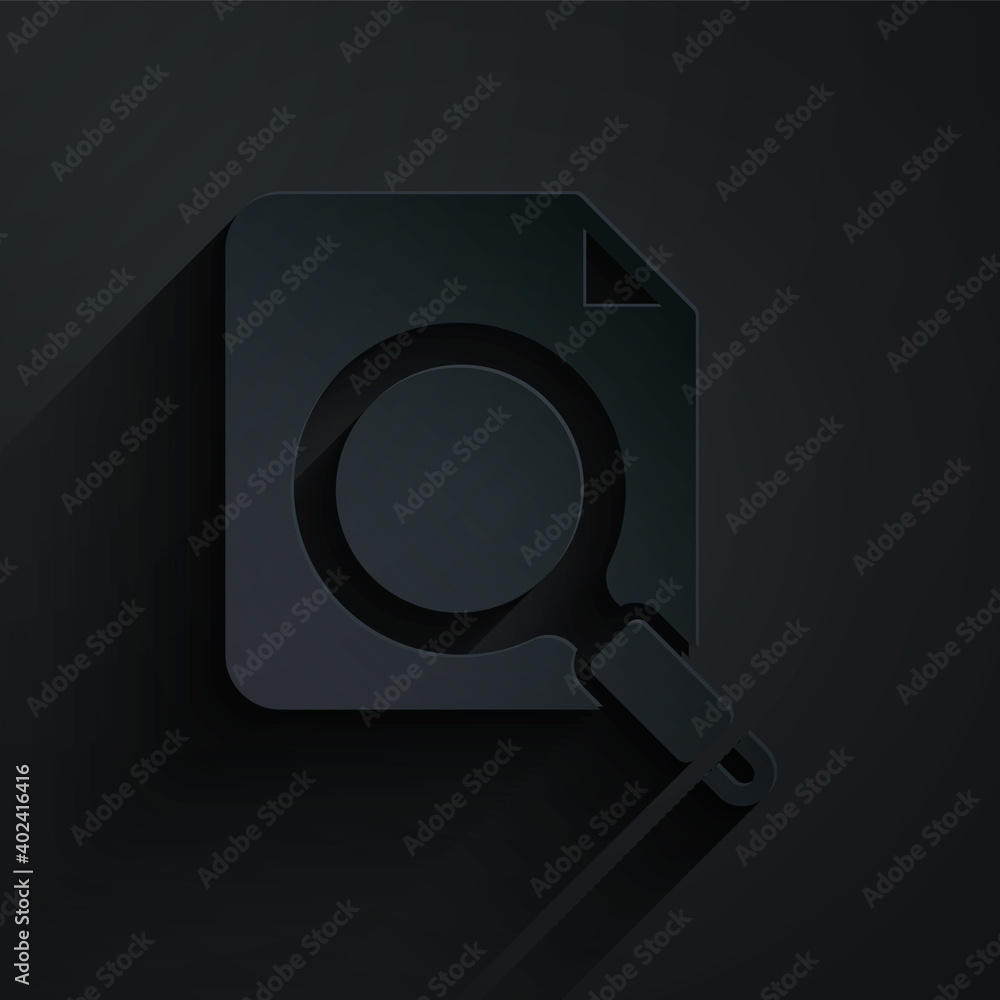 Poster paper cut search concept with folder icon isolated on black background. magnifying glass and documen