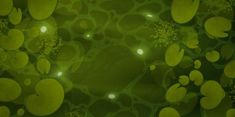 River with lilies top view. Water lilies in the swamp. Green water surface with sunlight reflection and ripples. Vector illustration.