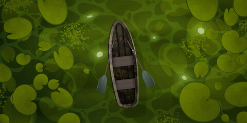 Vector cartoon style landscape of green river or ocher surface with aquatic plants and empty rowing boat with two oars. The boat sails through the swamp with water lily leaves top view.