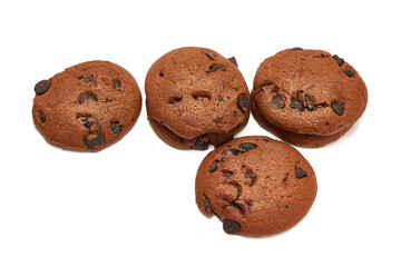 Delicious cookies with cocoa powder and droplets of chocolate icing on white background.