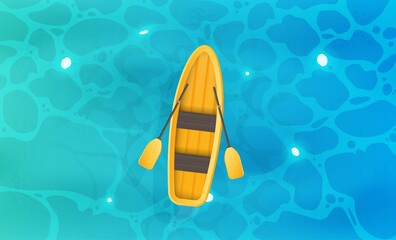 Yellow boat with oars. Turquoise water surface in the ocean. View from above. Background for a summer poster, foyer or postcard. Vector.
