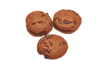 Delicious cookies with cocoa powder and droplets of chocolate icing on white background.