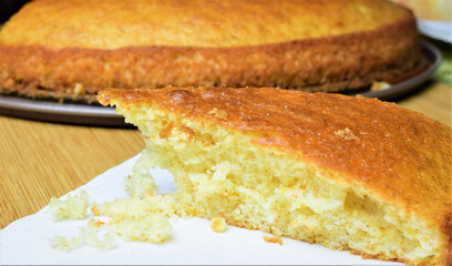 Close up. Homemade sponge cake, portion with all its fluffiness and delicious