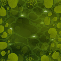 River with lilies top view. Green water surface with sunlight reflection and ripples. Water lilies in the swamp. Vector illustration.