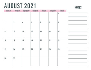 Simple calendar august 2021, printable