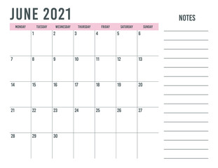 Calendar June 2021 with landscape template