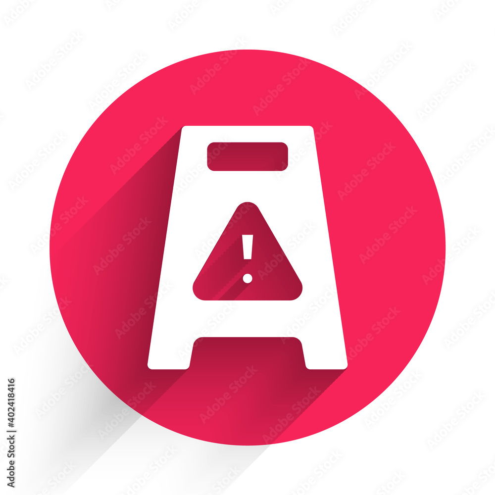 Poster white wet floor and cleaning in progress icon isolated with long shadow. cleaning service concept. r