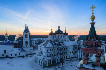 Obraz premium Aerial view of Nikolo-Solbinsky convent (monastery) at sunset. Solba, Yaroslavl Oblast, Russia.
