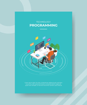 programming concept men sitting use computer desktop for template of banner and flyer for printing magazine cover and poster with isometric style