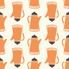 Coffee pattern design, vector seamless repeat of retro style cafe pots in orange. Hand drawn background illustration. 