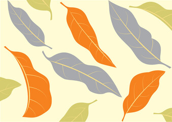 Different shape leaves in light green, orange, blue color - cream background