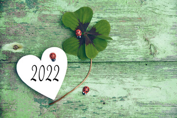 New Year 2022 lucky symbols - four-leaf clover with ladybug - good luck  2022