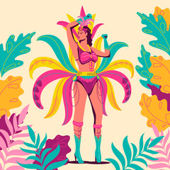 Exotic Brazilian carnival dancer with tropical foliage background vector illustration