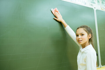 A girl at school stands near the blackboard and uses a rag to wipe it off. School weekdays