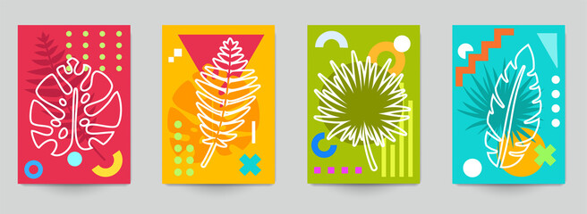 Set of abstract art concept composition with silhouettes leafs and geometric shapes in minimal style. Design modern trendy background for print, poster, card, wallpaper. Botanical vector illustration. © cgterminal