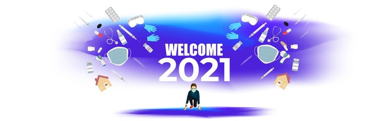 Vector illustration of 2021 New year with New normal lifestyle concept with Coronavirus protection equipment's, vaccine. 2021 start be ready.