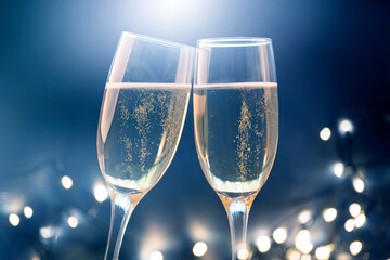 New Year's at midnight - Champagne with holiday lights