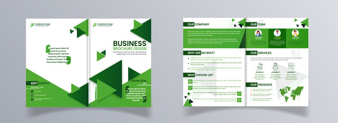Double Sides Of Business Bi-Fold Brochure Design In Green And White Color.