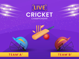 Two Helmets Of Participate Team A & B With Equipments And Light Effect On Purple Background For Live Cricket Championship.