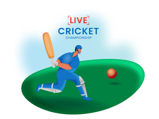 Line Cricket Championship Concept With Cartoon Batsman In Playing Pose.