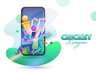 Cricket League Concept With Cartoon Batsman, Bowler Character And Golden Trophy Cup In Smartphone Screen.