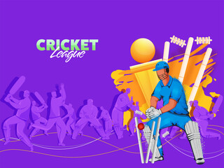 Illustration Of Cricket Players In Action Pose With Wickets And Golden Trophy Cup On Purple Background.