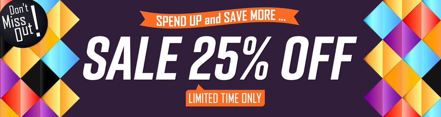 Sale 25% off, web banner design template, discount horizontal poster, vector illustration 