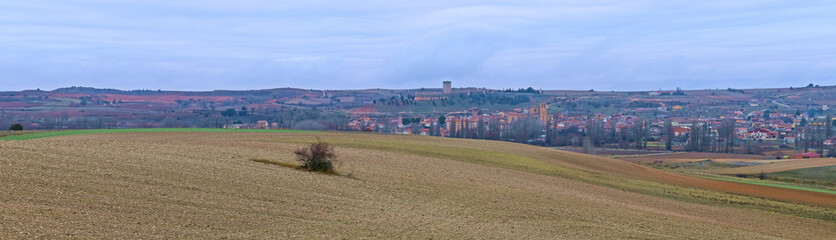 Peñaranda de Duero en Burgos, España.  Vista panorámica desde los campos de cultivo del sur labrados en otoño en un día nublado.
