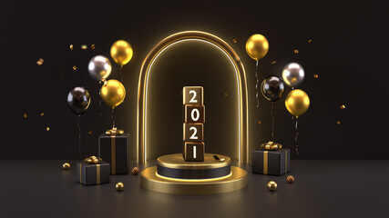 3d illustration of flipping cubes changing 2020 to 2021. New year celebration background in luxury style.