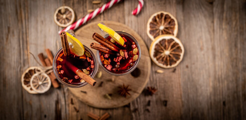 Top view of glasses with mulled wine