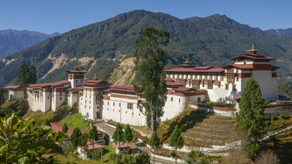 Landscape panorama of impressive and beautiful ancient Trongsa dzong in Central Bhutan the religious and administrative center of the province