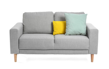 Stylish cozy sofa on white background