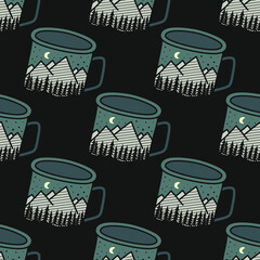 Fototapeta premium Vintage Hand drawn camping mug seamless pattern with adventure forest. Unusual Stock adventure background