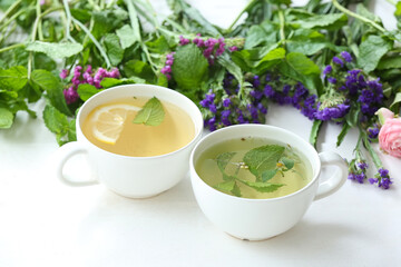 Cups with herbal tea and dry flowers on light background