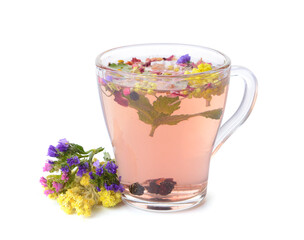 Cup of floral tea on white background