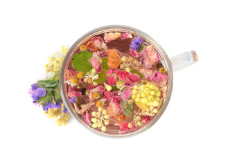 Cup of floral tea on white background