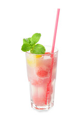 Glass of tasty watermelon cocktail on white background