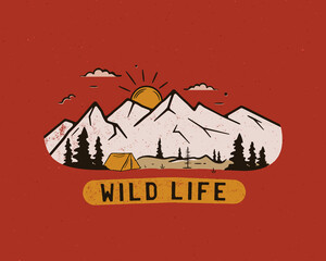 Vintage camp patch logo, mountain wildlife badge with trees and tent. Outdoor adventure emblem. Stock .