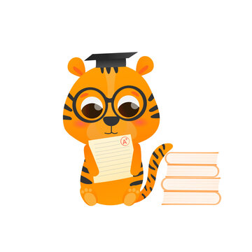 Cute tiger animal character get a for test, educational illustration for kids, preschooler reading books in cartoon style