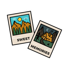 Camping badge illustration design. Outdoor logo with quote - Sweet memories, for t shirt. Included retro mountains and woodhouse. Unusual hipster tattoo style patch. Stock isolated