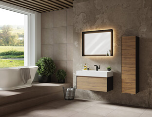 Bathroom design with cabinet, mirror and bathtub 3d render