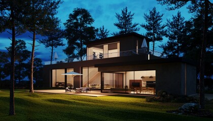 Modern house design night time in the woods, 3d render