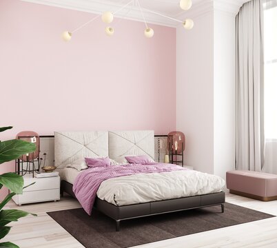 interior of bedroom with bed with pillows and pink bedspread, 3d render
