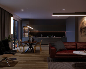 Modern living room with American kitchen and furniture, 3d render