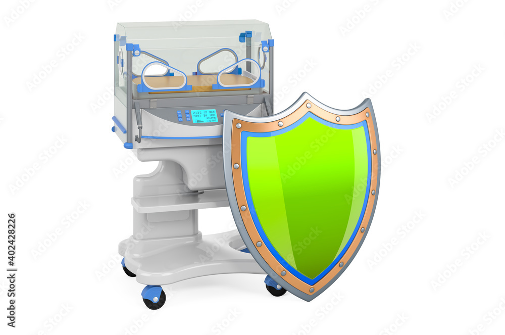 Poster neonatal incubator with shield, 3d rendering