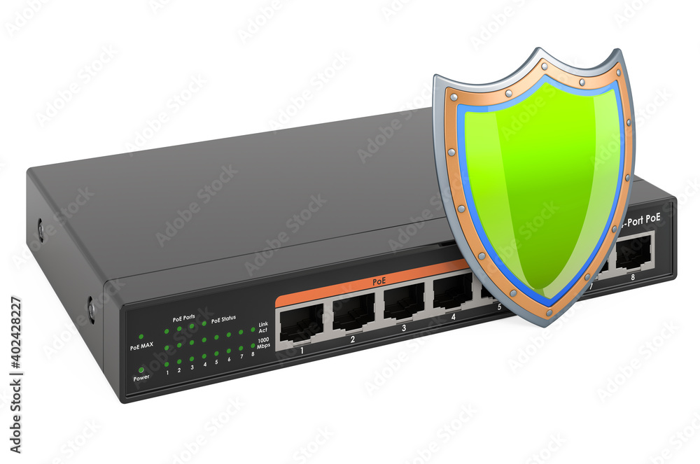 Aufkleber network switch with shield, 3d rendering