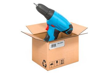 Screw gun inside cardboard box, delivery concept. 3D rendering