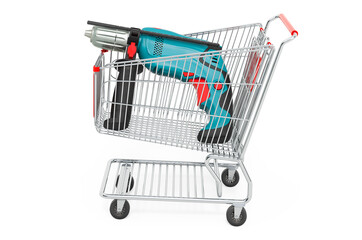 Shopping cart with electric drill, 3D rendering