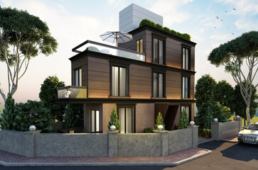 Modern house design in the city, 3d render